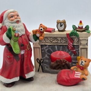 Christmas 1990 Ceramic Santa By The Fireplace  4.75" Votive Candle Holder